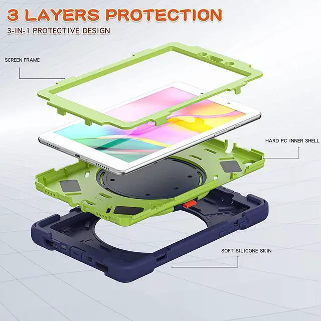 Alt view image 3 of 7 - Premium Galaxy Tab A 8.0 (2019) Ring Handle Case, Shockproof Heavy Duty Protection Case for Samsung Galaxy Tab A 8.0 T290/T295 (Dark Blue/Lime Green)