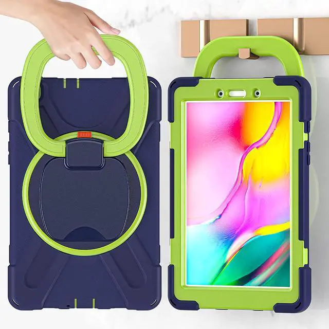 Alt view image 7 of 7 - Premium Galaxy Tab A 8.0 (2019) Ring Handle Case, Shockproof Heavy Duty Protection Case for Samsung Galaxy Tab A 8.0 T290/T295 (Dark Blue/Lime Green)