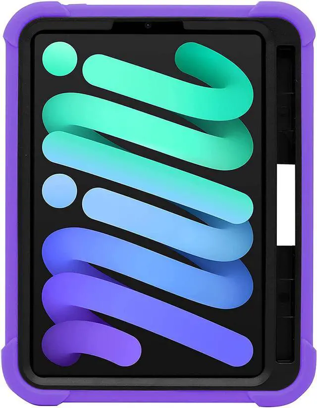 Alt view image 3 of 6 - iPad Mini 6th (2021) Gen Case Heavy Duty Cover Dual-Layer Impact Drop Protection with Kick Stand for Apple iPad Mini 6th Gen (2021) [Black in / Purple Out]