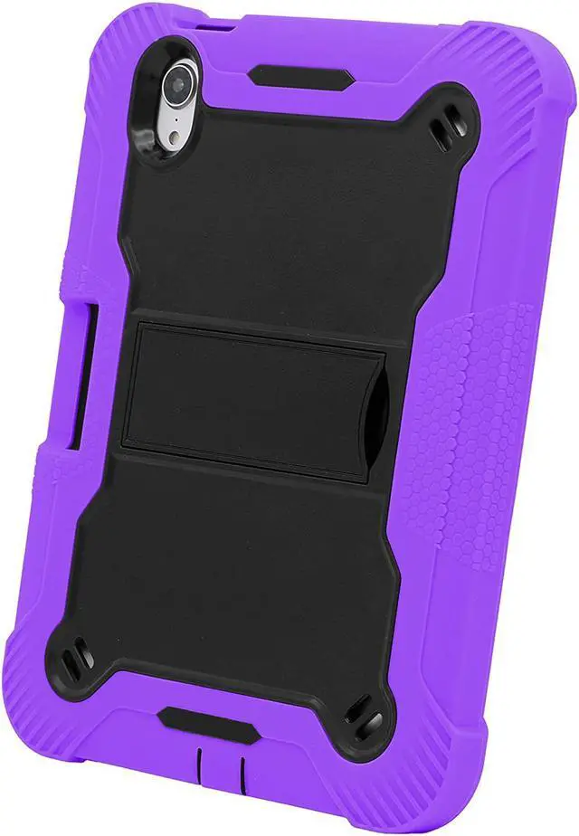 Alt view image 4 of 6 - iPad Mini 6th (2021) Gen Case Heavy Duty Cover Dual-Layer Impact Drop Protection with Kick Stand for Apple iPad Mini 6th Gen (2021) [Black in / Purple Out]