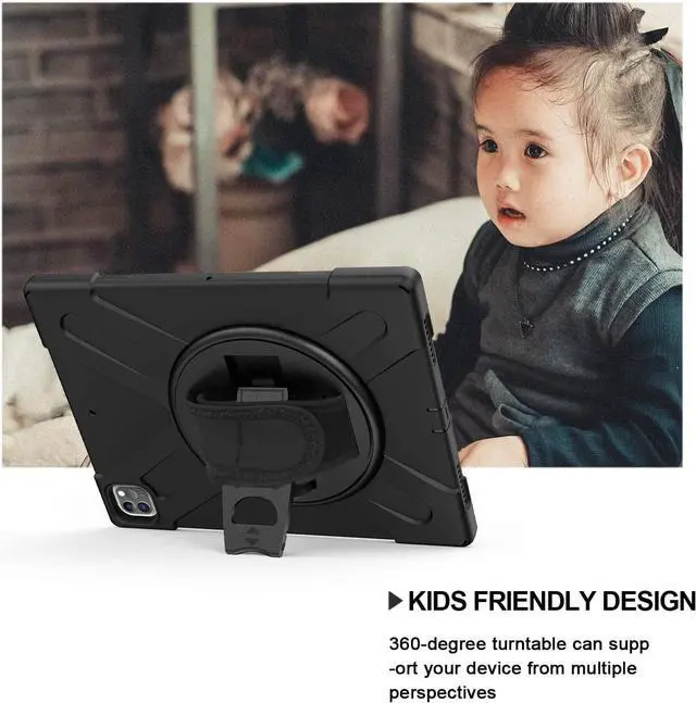 Alt view image 2 of 7 - iPad Pro 12.9 2020 Case, Shockproof Heavy Duty Shield Durable Impact Drop-Protection, Kickstand, Handstrap, Case Cover for Apple iPad 12.9 (2020) [Black]