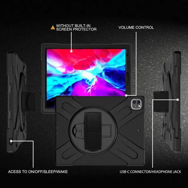 Alt view image 3 of 7 - iPad Pro 12.9 2020 Case, Shockproof Heavy Duty Shield Durable Impact Drop-Protection, Kickstand, Handstrap, Case Cover for Apple iPad 12.9 (2020) [Black]