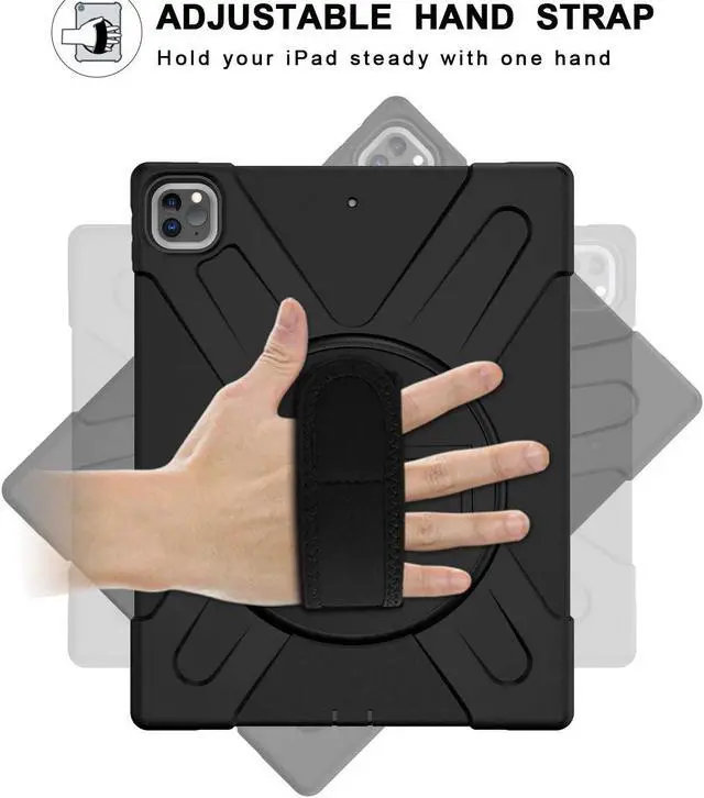 Alt view image 4 of 7 - iPad Pro 12.9 2020 Case, Shockproof Heavy Duty Shield Durable Impact Drop-Protection, Kickstand, Handstrap, Case Cover for Apple iPad 12.9 (2020) [Black]