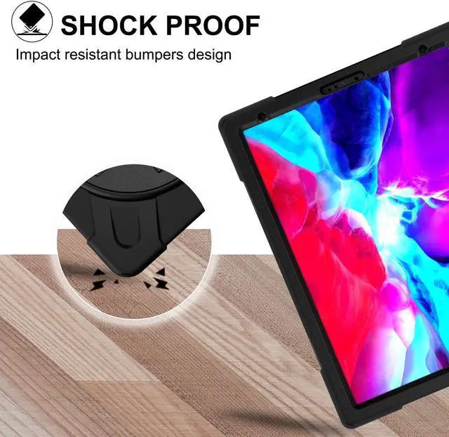 Alt view image 6 of 7 - iPad Pro 12.9 2020 Case, Shockproof Heavy Duty Shield Durable Impact Drop-Protection, Kickstand, Handstrap, Case Cover for Apple iPad 12.9 (2020) [Black]