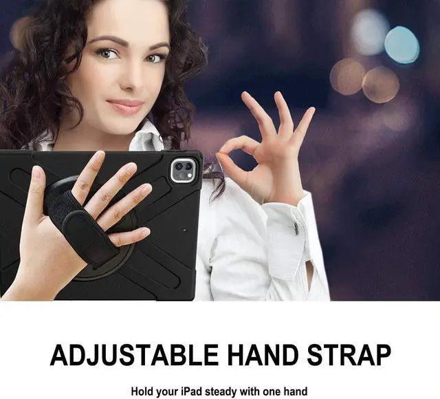 Alt view image 7 of 7 - iPad Pro 12.9 2020 Case, Shockproof Heavy Duty Shield Durable Impact Drop-Protection, Kickstand, Handstrap, Case Cover for Apple iPad 12.9 (2020) [Black]