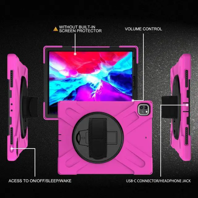 Alt view image 4 of 7 - iPad Pro 12.9 2020 Case, Shockproof Heavy Duty Shield Durable Impact Drop-Protection, Kickstand, Handstrap, Case Cover for Apple iPad 12.9 (2020) [Hot Pink]