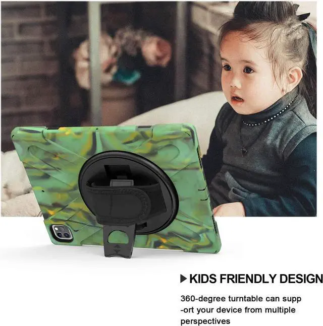 Alt view image 3 of 7 - iPad Pro 12.9 2020 Case, Shockproof Heavy Duty Shield Durable Impact Drop-Protection, Kickstand, Handstrap, Case Cover for Apple iPad 12.9 (2020) [Camouflage]