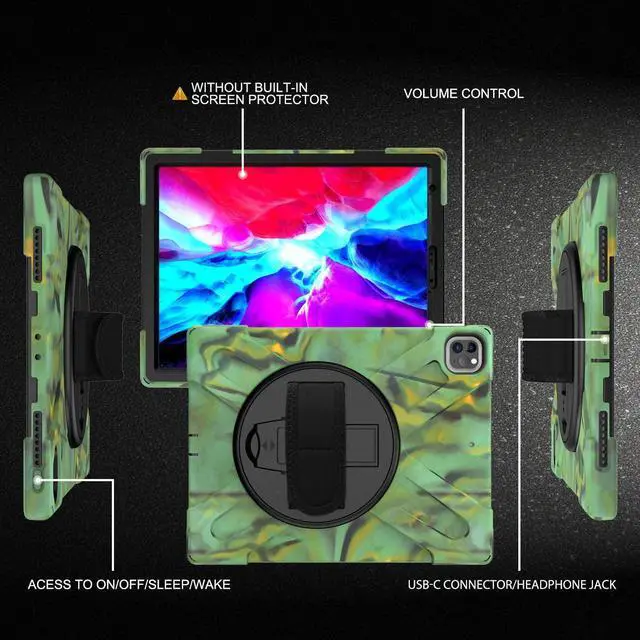 Alt view image 4 of 7 - iPad Pro 12.9 2020 Case, Shockproof Heavy Duty Shield Durable Impact Drop-Protection, Kickstand, Handstrap, Case Cover for Apple iPad 12.9 (2020) [Camouflage]