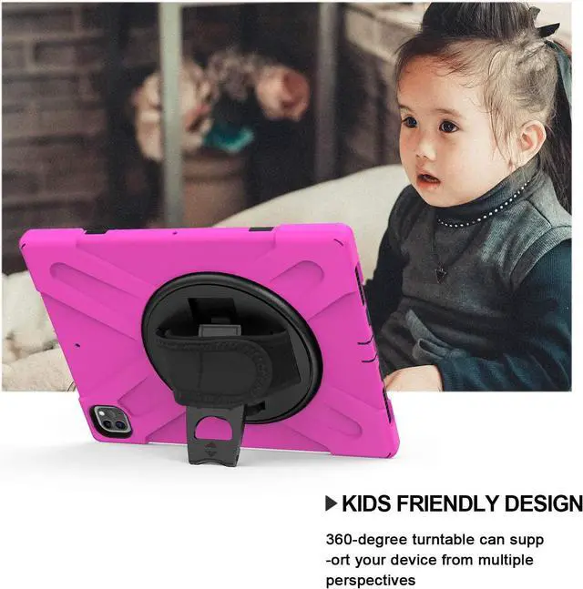 Alt view image 3 of 7 - iPad Pro 12.9 2020 Case, Shockproof Heavy Duty Shield Durable Impact Drop-Protection, Kickstand, Handstrap, Case Cover for Apple iPad 12.9 (2020) [Hot Pink]