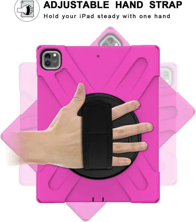 Alt view image 5 of 7 - iPad Pro 12.9 2020 Case, Shockproof Heavy Duty Shield Durable Impact Drop-Protection, Kickstand, Handstrap, Case Cover for Apple iPad 12.9 (2020) [Hot Pink]