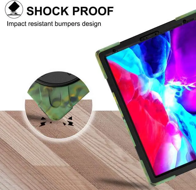Alt view image 7 of 7 - iPad Pro 12.9 2020 Case, Shockproof Heavy Duty Shield Durable Impact Drop-Protection, Kickstand, Handstrap, Case Cover for Apple iPad 12.9 (2020) [Camouflage]