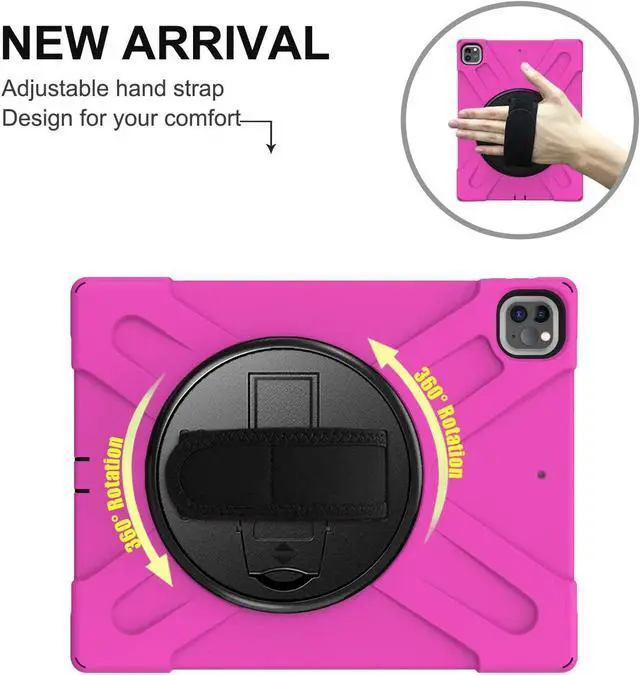 Alt view image 2 of 7 - iPad Pro 12.9 2020 Case, Shockproof Heavy Duty Shield Durable Impact Drop-Protection, Kickstand, Handstrap, Case Cover for Apple iPad 12.9 (2020) [Hot Pink]