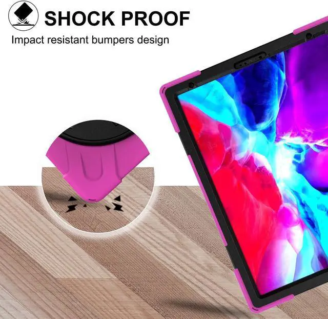 Alt view image 7 of 7 - iPad Pro 12.9 2020 Case, Shockproof Heavy Duty Shield Durable Impact Drop-Protection, Kickstand, Handstrap, Case Cover for Apple iPad 12.9 (2020) [Hot Pink]