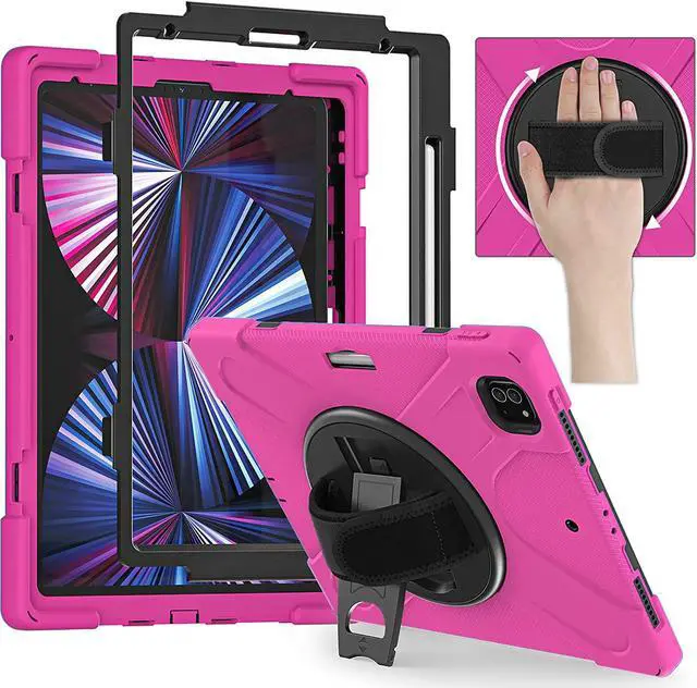 Alt view image 2 of 2 - iPad Pro 12.9 Case 2021, Shockproof Heavy Duty Case Cover Stand Hand Strap with Pencil Holder for Apple iPad Pro 12.9 5th Gen [Shield Hot Pink]