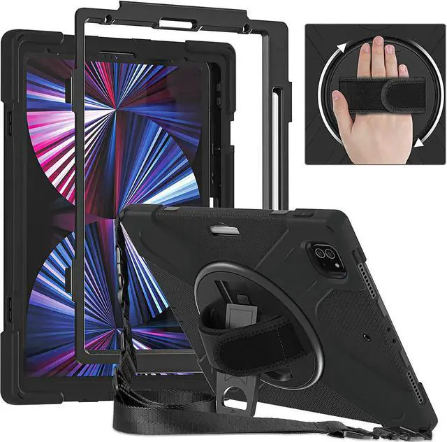Main image of iPad Pro 12.9 Case 2021, Shockproof Heavy Duty Case Cover Stand Hand Strap with Pencil Holder for Apple iPad Pro 12.9 5th Gen [Shield Black]