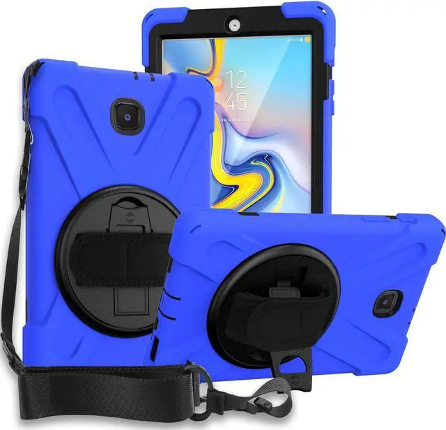 Main image of Galaxy Tab A 8.0 T387 Case, Heavy Duty Case Tempered Glass Screen Protector Cover Kickstand Handle Carrying Sling Strap for Samsung Galaxy Tab A 8.0 2018/2019 LTE SM-T387 (Blue)