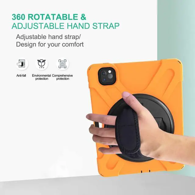 Alt view image 6 of 7 - iPad Pro 11 Case 2018/2020, Shockproof Heavy Duty Case Cover Stand Hand Strap for Apple iPad Pro 11-inch 1st 2nd Gen [Shield Orange]