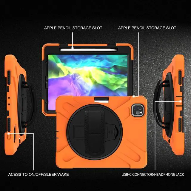 Alt view image 4 of 7 - iPad Pro 11 Case 2018/2020, Shockproof Heavy Duty Case Cover Stand Hand Strap for Apple iPad Pro 11-inch 1st 2nd Gen [Shield Orange]
