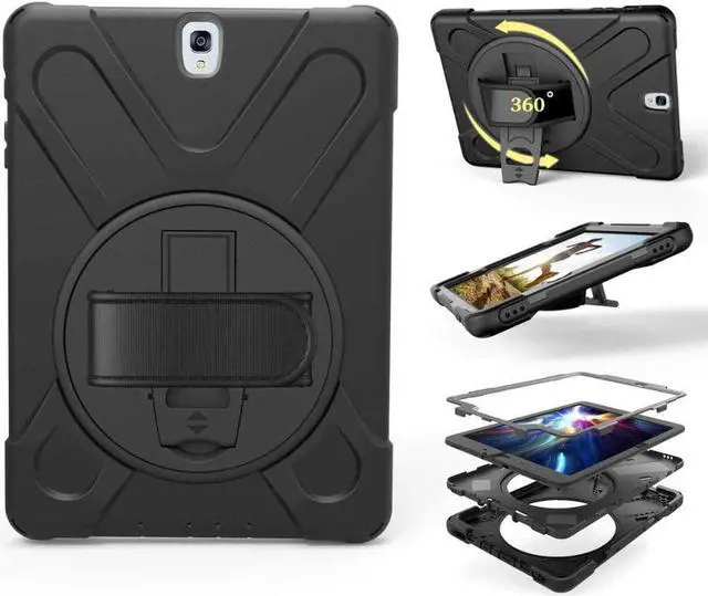 Main image of Galaxy Tab S4 10.5 Inch Case by Heavy Duty Shield Rotating Palmstrap Kickstand Shoulder Strap Tempered Glass Screen Protector for Samsung Galaxy Tab S4 10.5 T830 SM-T830 (2018) (Black)