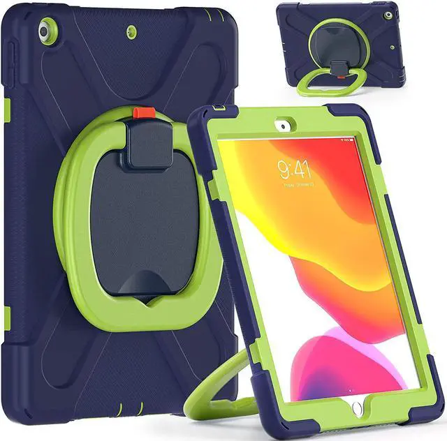 Alt view image 2 of 7 - iPad 10.2 7th 8th Gen Case, Heavy Duty Protection Cover with Handle Stand Carrying Shoulder Strap Sling for Apple iPad 10.2" (Dark Blue / Lime Green)