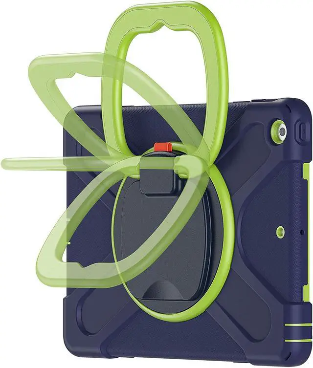 Alt view image 3 of 7 - iPad 10.2 7th 8th Gen Case, Heavy Duty Protection Cover with Handle Stand Carrying Shoulder Strap Sling for Apple iPad 10.2" (Dark Blue / Lime Green)