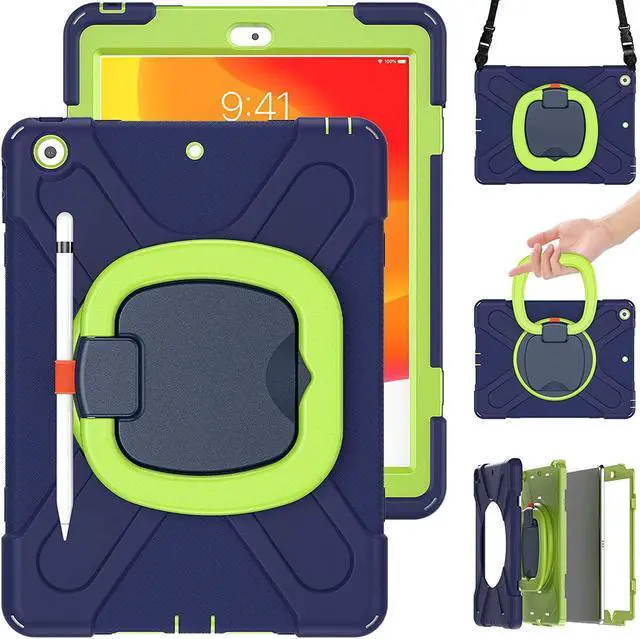 Alt view image 5 of 7 - iPad 10.2 7th 8th Gen Case, Heavy Duty Protection Cover with Handle Stand Carrying Shoulder Strap Sling for Apple iPad 10.2" (Dark Blue / Lime Green)