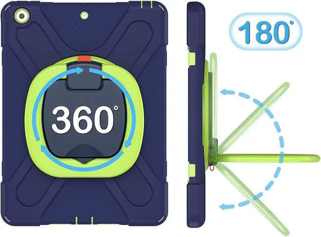 Alt view image 4 of 7 - iPad 10.2 7th 8th Gen Case, Heavy Duty Protection Cover with Handle Stand Carrying Shoulder Strap Sling for Apple iPad 10.2" (Dark Blue / Lime Green)