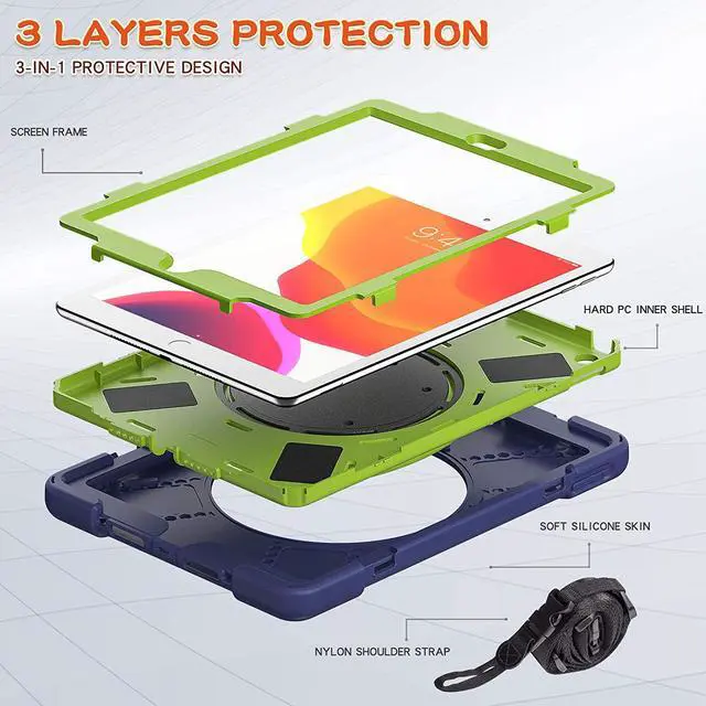 Alt view image 7 of 7 - iPad 10.2 7th 8th Gen Case, Heavy Duty Protection Cover with Handle Stand Carrying Shoulder Strap Sling for Apple iPad 10.2" (Dark Blue / Lime Green)