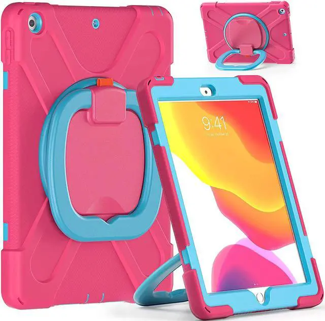 Alt view image 2 of 7 - iPad 10.2 7th 8th Gen Case, Heavy Duty Protection Cover with Handle Stand Carrying Shoulder Strap Sling for Apple iPad 10.2" (Pink / Light Blue)