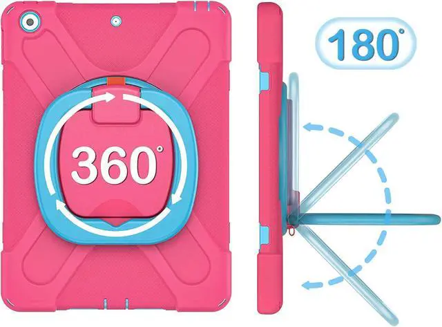 Alt view image 4 of 7 - iPad 10.2 7th 8th Gen Case, Heavy Duty Protection Cover with Handle Stand Carrying Shoulder Strap Sling for Apple iPad 10.2" (Pink / Light Blue)