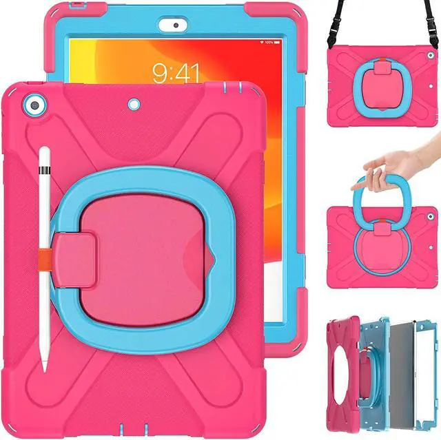 Alt view image 5 of 7 - iPad 10.2 7th 8th Gen Case, Heavy Duty Protection Cover with Handle Stand Carrying Shoulder Strap Sling for Apple iPad 10.2" (Pink / Light Blue)
