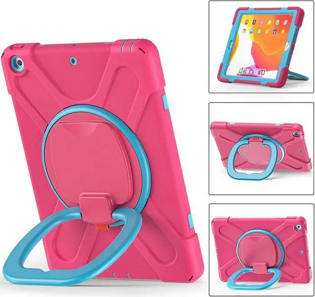 Alt view image 6 of 7 - iPad 10.2 7th 8th Gen Case, Heavy Duty Protection Cover with Handle Stand Carrying Shoulder Strap Sling for Apple iPad 10.2" (Pink / Light Blue)