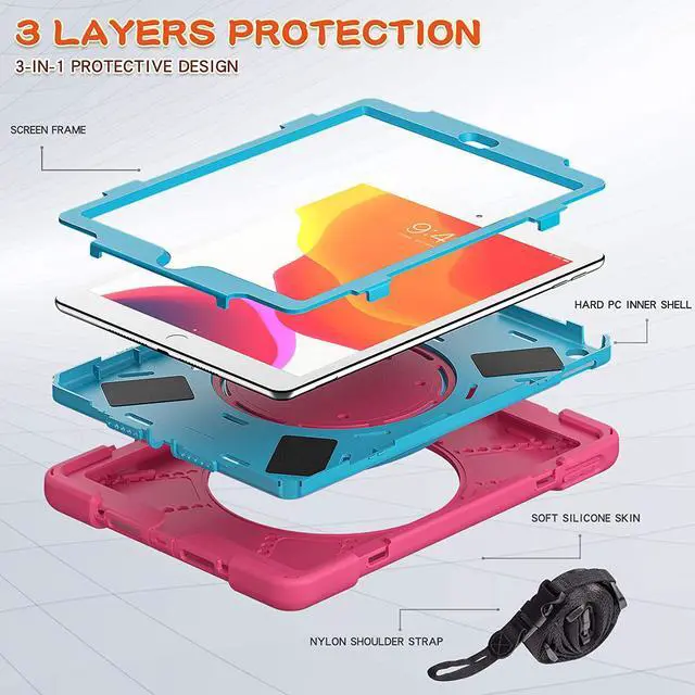 Alt view image 7 of 7 - iPad 10.2 7th 8th Gen Case, Heavy Duty Protection Cover with Handle Stand Carrying Shoulder Strap Sling for Apple iPad 10.2" (Pink / Light Blue)