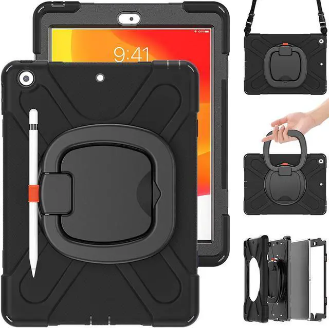 Alt view image 5 of 7 - iPad 10.2 7th 8th Gen Case, Heavy Duty Protection Cover with Handle Stand Carrying Shoulder Strap Sling for Apple iPad 10.2" (Black / Black)