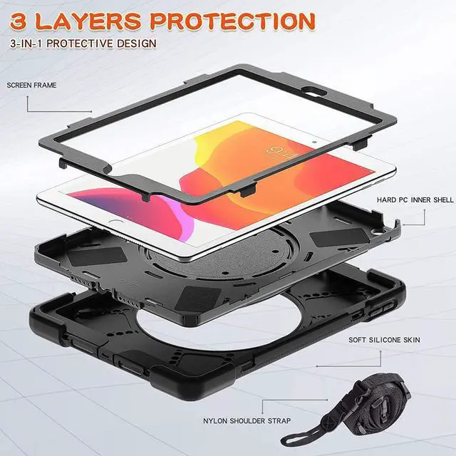 Alt view image 7 of 7 - iPad 10.2 7th 8th Gen Case, Heavy Duty Protection Cover with Handle Stand Carrying Shoulder Strap Sling for Apple iPad 10.2" (Black / Black)