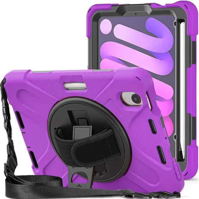 Main image of iPad Mini 6 Case, Heavy Duty Shockproof Protection, Kickstand, Hand Strap, Pencil Holder Loop, Carry Shoulder Sling for Apple iPad Mini 6 (2021) (Purple)