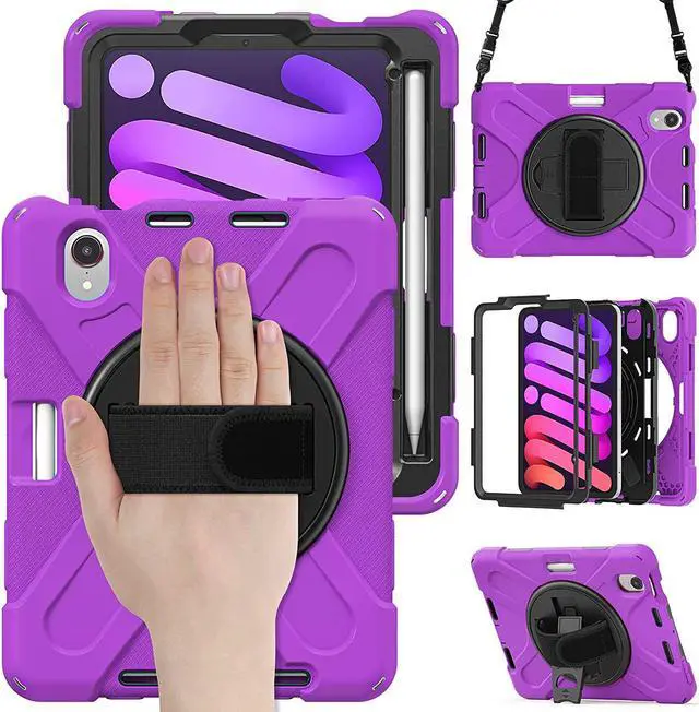 Alt view image 4 of 7 - iPad Mini 6 Case, Heavy Duty Shockproof Protection, Kickstand, Hand Strap, Pencil Holder Loop, Carry Shoulder Sling for Apple iPad Mini 6 (2021) (Purple)