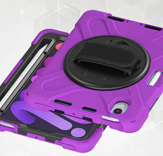 Alt view image 3 of 7 - iPad Mini 6 Case, Heavy Duty Shockproof Protection, Kickstand, Hand Strap, Pencil Holder Loop, Carry Shoulder Sling for Apple iPad Mini 6 (2021) (Purple)