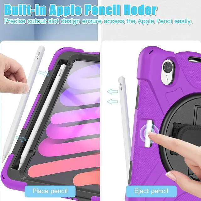 Alt view image 7 of 7 - iPad Mini 6 Case, Heavy Duty Shockproof Protection, Kickstand, Hand Strap, Pencil Holder Loop, Carry Shoulder Sling for Apple iPad Mini 6 (2021) (Purple)