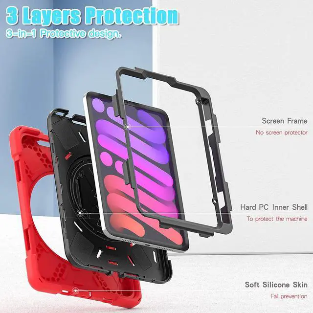 Alt view image 4 of 7 - iPad Mini 6 Case, Heavy Duty Shockproof Protection, Kickstand, Hand Strap, Pencil Holder Loop, Carry Shoulder Sling for Apple iPad Mini 6 (2021) (Red)