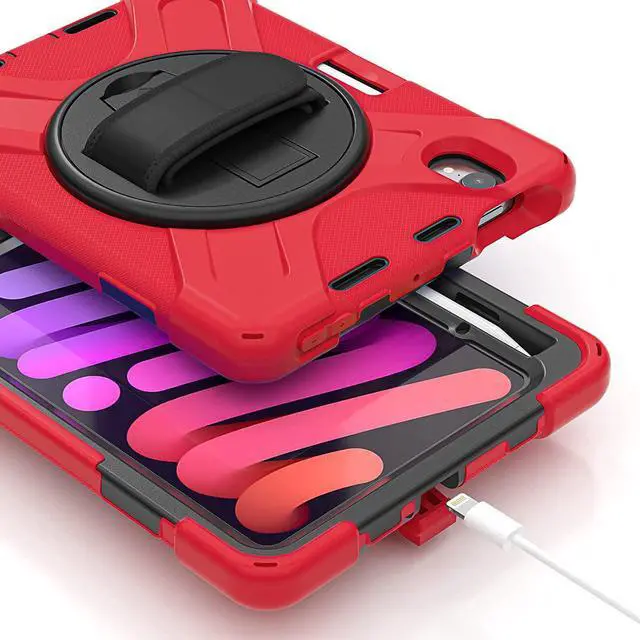 Alt view image 3 of 7 - iPad Mini 6 Case, Heavy Duty Shockproof Protection, Kickstand, Hand Strap, Pencil Holder Loop, Carry Shoulder Sling for Apple iPad Mini 6 (2021) (Red)