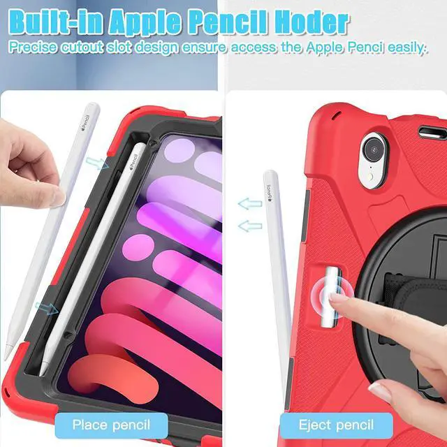 Alt view image 7 of 7 - iPad Mini 6 Case, Heavy Duty Shockproof Protection, Kickstand, Hand Strap, Pencil Holder Loop, Carry Shoulder Sling for Apple iPad Mini 6 (2021) (Red)