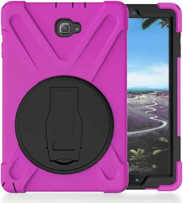 Alt view image 2 of 7 - Galaxy Tab A 10.1 Inch Case by Heavy Duty Shield Rotating Palmstrap Kickstand Shoulder Strap Tempered Glass Screen Protector for Samsung Galaxy Tab A 10.1 P580 SM-P580 (Hot Pink)