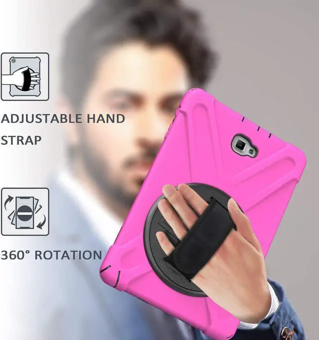Alt view image 4 of 7 - Galaxy Tab A 10.1 Inch Case by Heavy Duty Shield Rotating Palmstrap Kickstand Shoulder Strap Tempered Glass Screen Protector for Samsung Galaxy Tab A 10.1 P580 SM-P580 (Hot Pink)