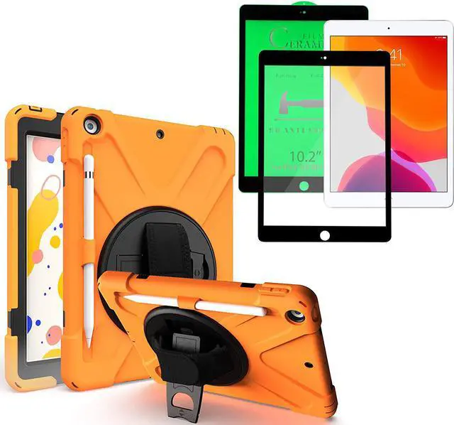 Main image of Shockproof Case Full-Body Heavy Duty Cover Stand with Shatterproof Ceramic Screen Protector for Apple iPad 10.2 7th 8th Gen (Orange)