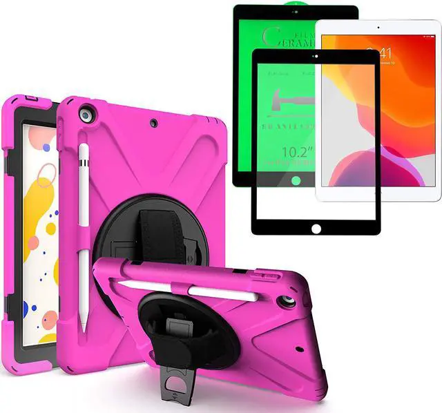 Main image of Shockproof Case Full-Body Heavy Duty Cover Stand with Shatterproof Ceramic Screen Protector for Apple iPad 10.2 7th 8th Gen (Hot Pink)
