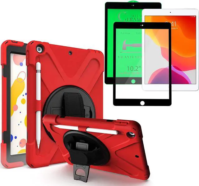 Main image of Shockproof Case Full-Body Heavy Duty Cover Stand with Shatterproof Ceramic Screen Protector for Apple iPad 10.2 7th 8th Gen (Red)