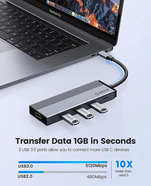 Alt view image 4 of 7 - USB C Hub Adapter,  5 in 1 USB C Docking Station with 4K HDMI, 3 USB 3.0 Ports, 100W Power Delivery for MacBook Pro, Chromebook and Type C Thunderbolt 3 Device