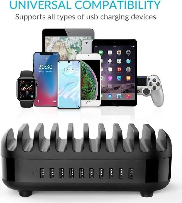 Alt view image 2 of 7 - 120W 10 USB Ports Fast Charging Station with 30000mAh Portable Charger, Green, 10 Short Mixed Cables Included