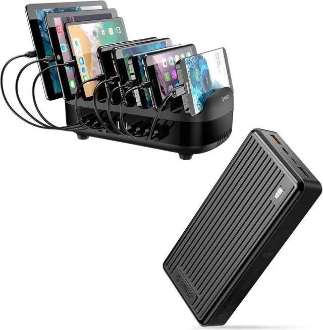 Main image of 120W 10 USB Ports Fast Charging Station with 30000mAh Portable Charger, Black, 10 Short Mixed Cables Included